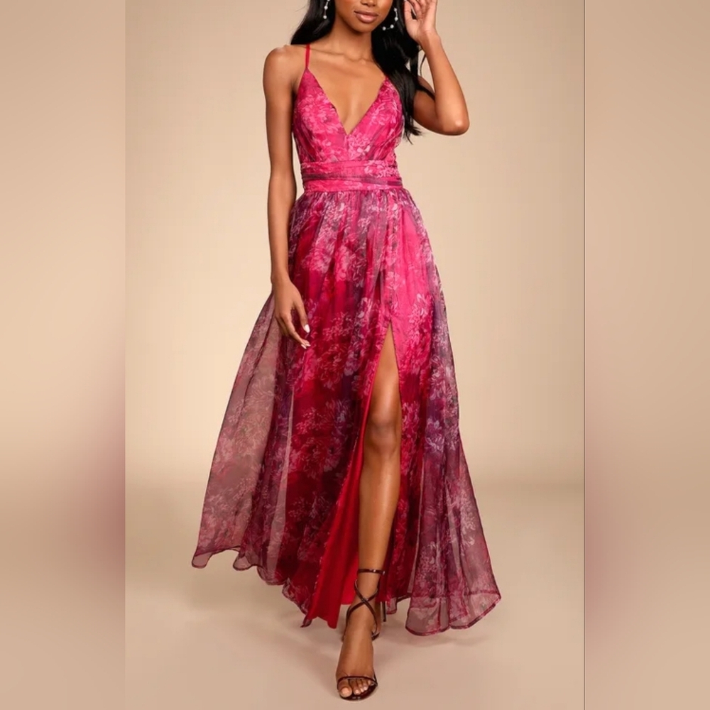 Magenta Floral Print Organza Maxi Dress